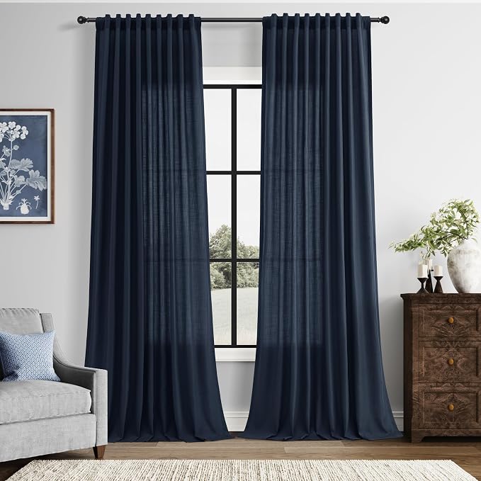 Extra Long Linen Curtains 120 Inches for Living Room Back Tab Semi Sheer High Floor to Ceiling 10ft Light Filtering Curtain Boho Farmhouse Decor Window Drapes for Bedroom 2 Panels Navy Blue