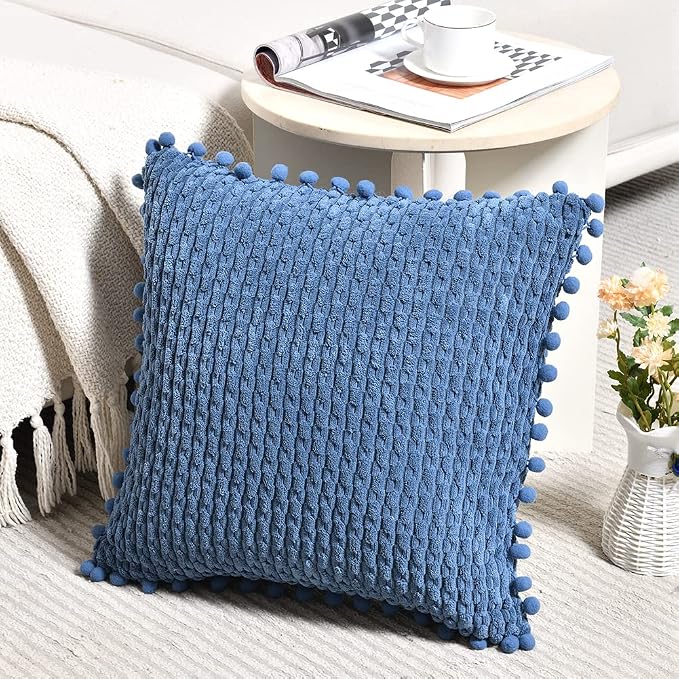 Fancy Homi Set of 2 Dusty Blue Decorative Throw Pillow Covers 16x16 Inch with Pom-poms for Couch Bed Sofa, Rustic Farmhouse Boho Home Decor, Soft Plush Corduroy Cute Cushion Case 40x40 cm