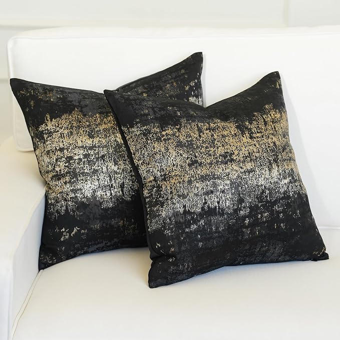 THE-TINOART Black Champagne Metallic Jacquard Pillow Covers 20x20 Pack of 2 Velvet Back Modern Glam Sofa Decor