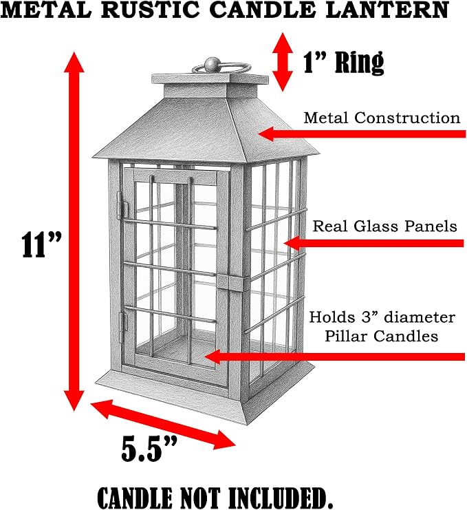 Seraphic 11" Rustic Decorative Candle Lantern – Vintage Metal & Glass Holder for Pillar Candles – Farmhouse Tabletop & Hanging Lantern for Indoor or Patio Decor, Bronze Brushed