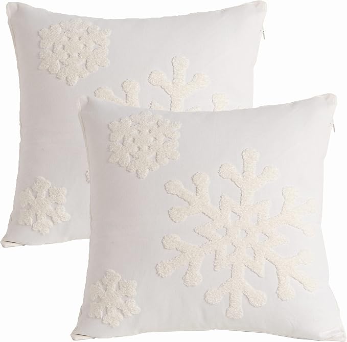 18x18,Cotton Christmas Blessing Throw Pillow Cover for Bed Sofa Cushion Car Snowflake Embroideried Pillowcases,1pair White