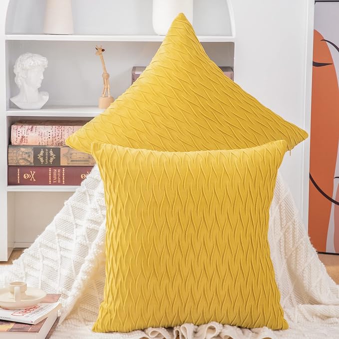MADIZZ Set of 2 Super Soft Velvet Decorative Throw Pillow Covers 20x20 inch Lemon Yellow Square with Texture Luxury Style Cushion Case Pillow Shell for Sofa Bedroom