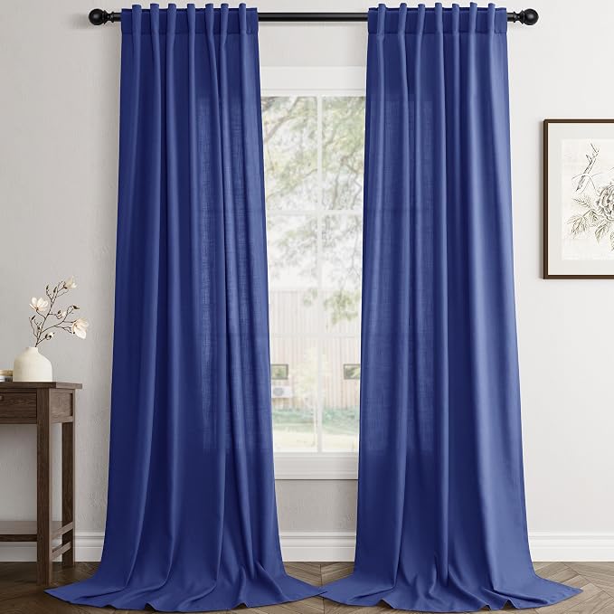 Jowels Classic Blue Linen Curtains 84 Inch Long 2 Panels for Living Room | Light Filtering Semi Sheer Curtain, Back Tab Pocket Pleated Look, Boho Farmhouse Textured Privacy Drapes for Bedroom Window