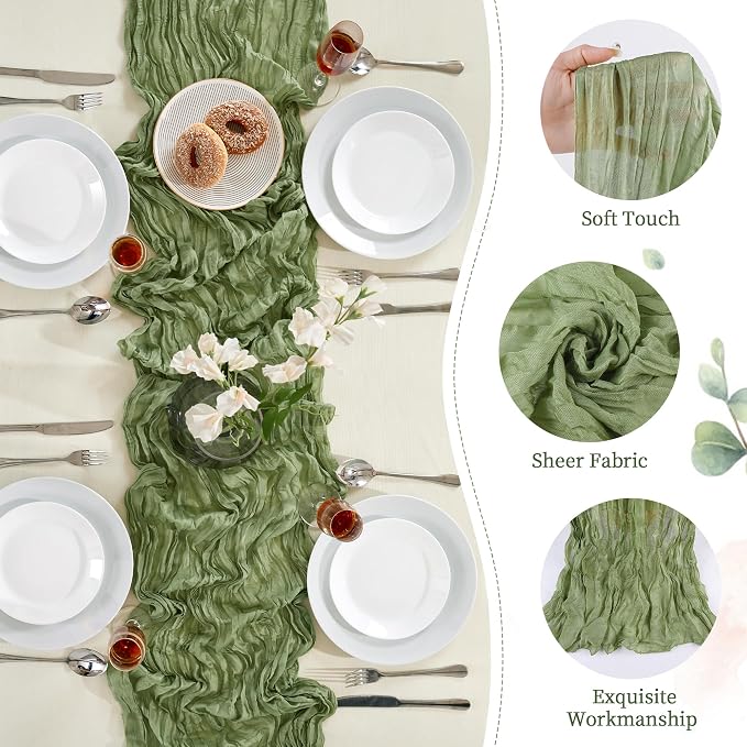 Sage Green Cheesecloth Table Runner 35×120Inch Fall Boho Wedding Home Decor | Rustic cheese cloths Sheer Gauze for Wedding Bridal Baby Shower Birthday Party Table Decor Halloween Thanksgiving Christmas