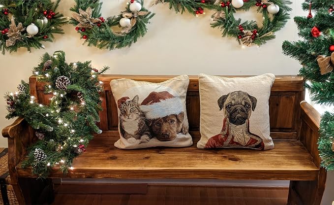 Pug Renaissance Dog Throw Pillow Cover - Tache Napoleon Bownparte - 2 Pieces 18 X 18 Inch Square French Vintage Tapestry Woven Set