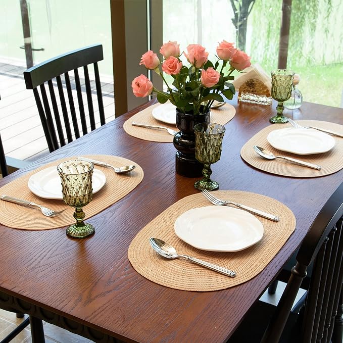 Placemats Set of 6, Woven Oval Braided Dining Table Mats(Beige Brown) | 12 x 17.5 Inch Size Fits Plates and Flatware; Hand Washable and Heat Resistant for Kitchen Use, with Farmhouse and Boho Style