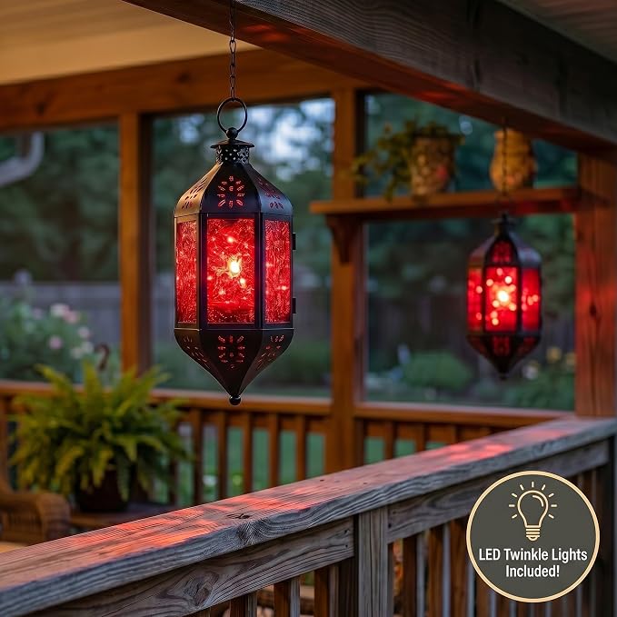 Vela Lanterns Hanging Moroccan Lantern with LED Twinkle Fairy Lights - Exotic Decorative Patio & Porch Decor, Indoor Outdoor Candle Lamp Holder with Chain (13" Large, Red Glass)