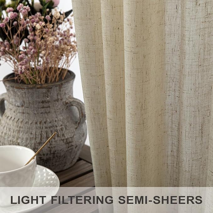 90 Inch Linen Curtains 2 Panels for Living Room Flax Burlap Linen Drapes Light Filtering Dark Taupe Drape 90 Inch Long Semi Sheer Textured Curtain for Dining Bedroom Office Burlywood Birch Back Tab