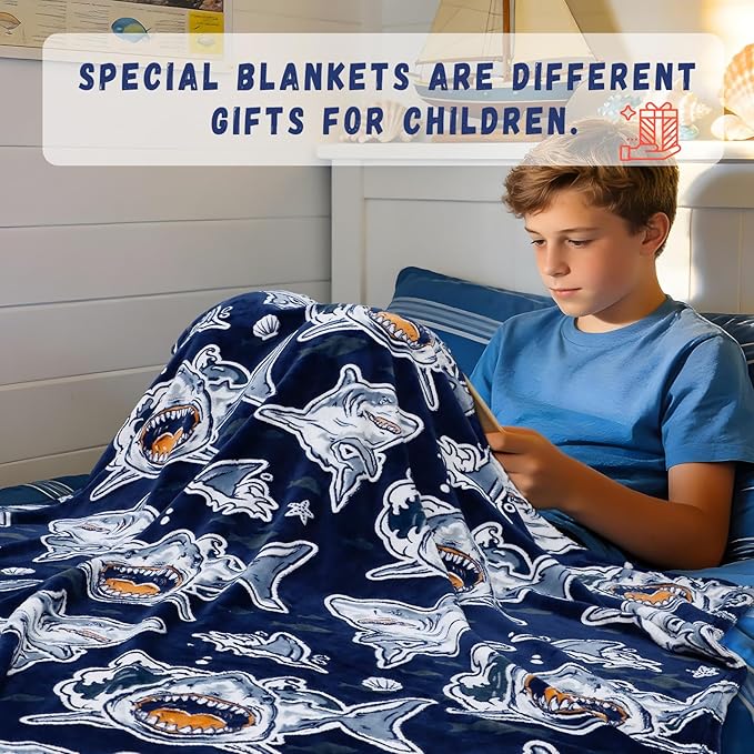 GEULAY Shark Blanket for Kids, Shark Toys, 40x60 Inches | Gifts for 2-8 Year Old Boys, Toddler Blankets for Boys, Small Fleece Throws for Travel Car Airplane, Ocean Blue Room Decor