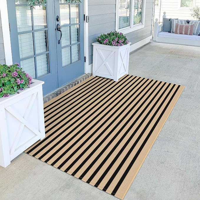 KILOCOCO Striped Rug 4x6 ft Washable Front Door Outdoor Rug, Brown Black | Cotton Front Porch Rug, Woven Living Room Rug, Low Pile Welcome Mat for Entryway, Layered Farmhouse Kitchen Patio Carpet