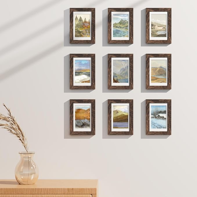 Vittanly 4x6 Picture Frames Set of 9 for Wall or Tabletop Display, Brown | Display Pictures 3.5x5 with Mat or 4x6 without Mat, Small Photo Frames, Engineered Wood with Shatter Resistant Plexiglass