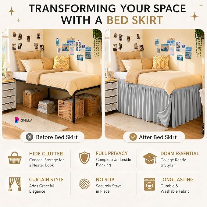 College Dorm Bed Skirt Twin XL 42" Drop, Slit Corner Bedskirt, Ice Grey | Solid ruffled, Wrap-around/elastic, Wrinkle & Fade resistant, with Adhesive Strips, Gift Packed, Machine Wash/Tumble Dry/Iron