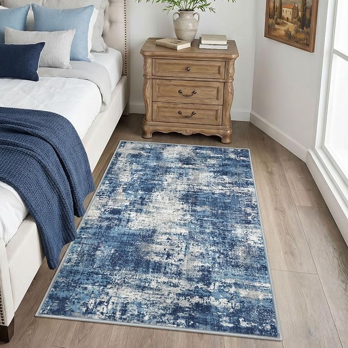 Lansny Abstract Washable Entryway Rug 3x5 Area Rug Non Slip Kitchen Rugs | Blue;Thin Printed Faux Wool Door Mat;Small Rugs;Front Door Rug;Indoor Entry Rug;Rubber Backed Floor Carpet;Throw Rugs