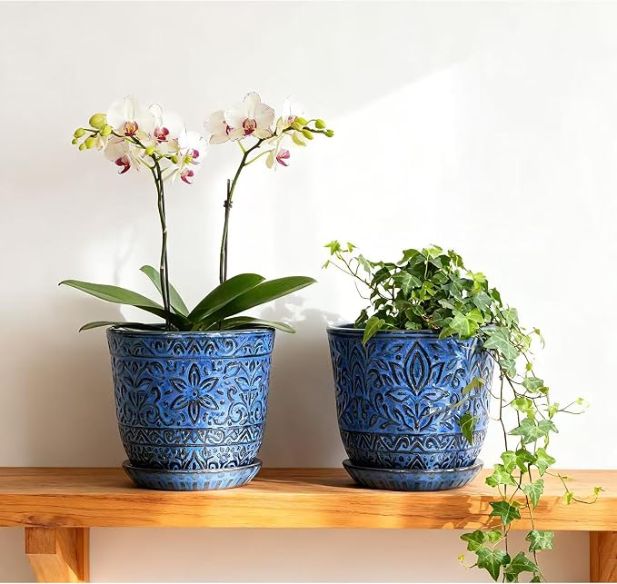 Gepege Ceramic Plant Pots, 6 Inch Indoor Planters with Drainage & Saucers | Ceramic pots for plants with drainage holes, ceramic saucers and mesh pads, ideal for flowers, herbs and succulents, set of 2