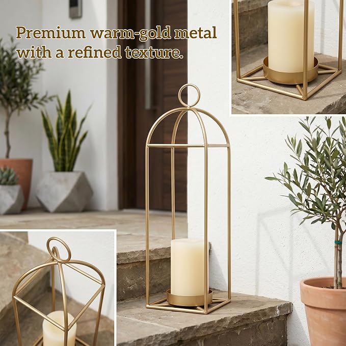 22.2" Outdoor Decorative Lanterns, Metal Candle Lanterns, Farmhouse Lantern Decor, Antique Gold Iron Lantern Candle Holders for Fireplace Mantel, Table Centerpiece,Home Decor