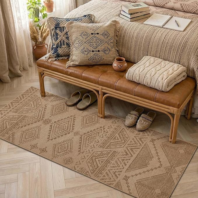 jinchan 2x5 Faux Jute Runner Rug Washable Boho Hallway Rug, Natural Taupe | Southwestern Geometric, Non-Slip Low Pile, Indoor Outdoor, High-Traffic, Kitchen, Bathroom, Laundry, Porch, Balcony, Entryway