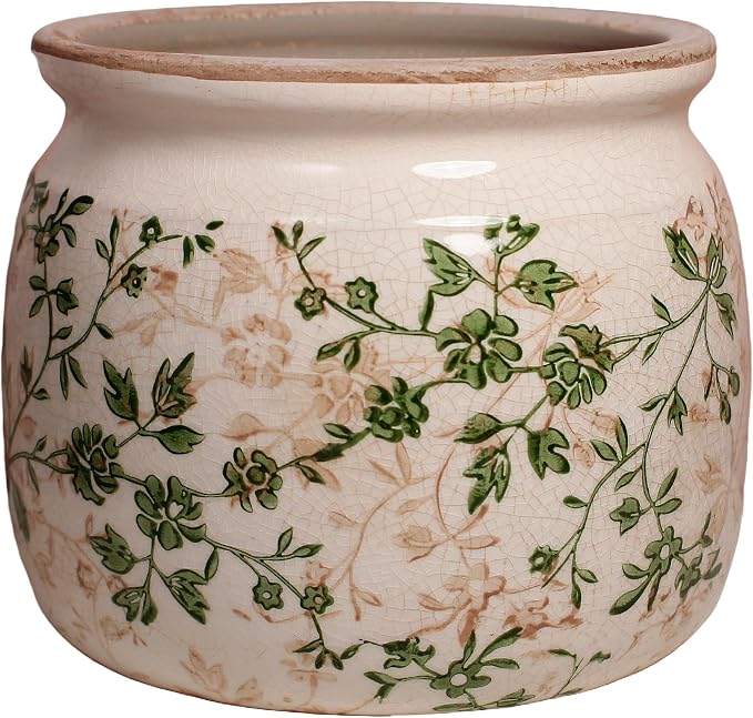 Vintage Country Ceramic Vase and Planters, English Cottage Garden Decor | 6.29" Small Plant Pots Indoor with Drainage, Sage Beige Floral Vases, Windowsill Windowsill Shelf Tabletop Decorations