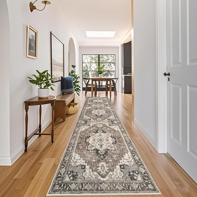 Washable Hallway 3x12 Runner Rug - Non-Slip Kitchen Entryway Rugs with Rubber Backing Vintage Soft Stain Resistant Carpet for Bedroom Indoor Ultra-Thin Home Decor Mat for Living Room (Beige,3x12)