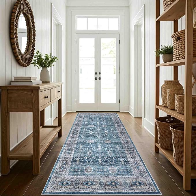 Machine Washable Area Rug, Soft & Durable, Non-Slip, Stain Resistant Rug for Bedroom, Living Room, Dining Room, High Traffic Areas. (Blue/Turquoise, 2.5' X 7')