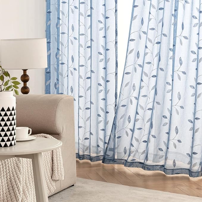 MIULEE Dusty Blue Sheer Curtains 2 Panels Leaf Patterned, W52 x L96 | Embroidered Floral Semi Sheer,Rod Pocket,Faux Linen,Short Window Curtains Drapes Set for Kitchen/Bathroom/Cafe