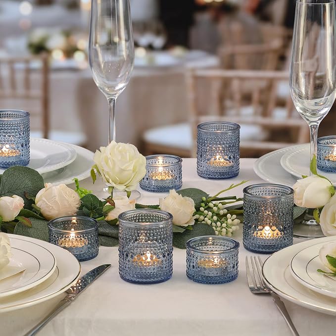 NITIME Blue Glass Votive Candle Holders Set of 24, Assorted Heights Polka Dot Tealight Candle Holders for Table Centerpiece, Blue Candle Holder Decor for Wedding, Baby Shower Party & Spa