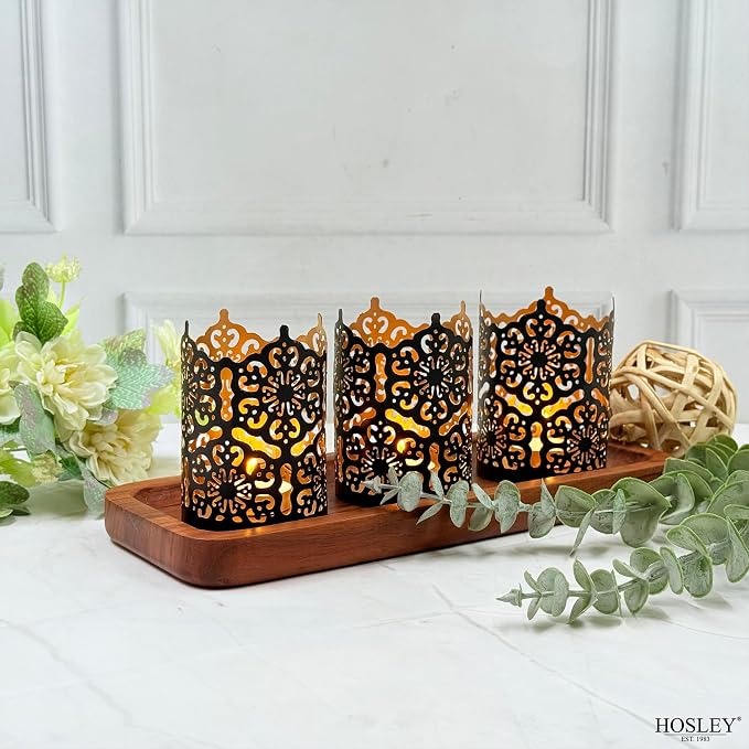 Hosley Set of 3 Black Finish Metal Candle Holders 4 Inch High Lattice Cut Lanterns for Coordinated Elegance and Enchanting Illumination Elevate Your Decor