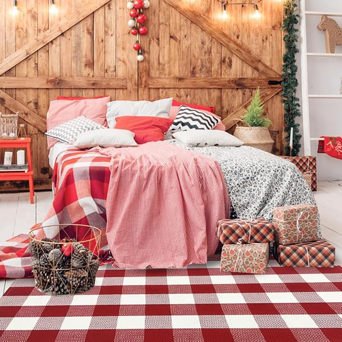 USTIDE Red and White Buffalo Plaid Rug 3'x5', Christmas Front Porch Rug Cotton Hand-Woven Checkered Outdoor Rug Washable Layered Door Mats Carpet for Porch/Entryway
