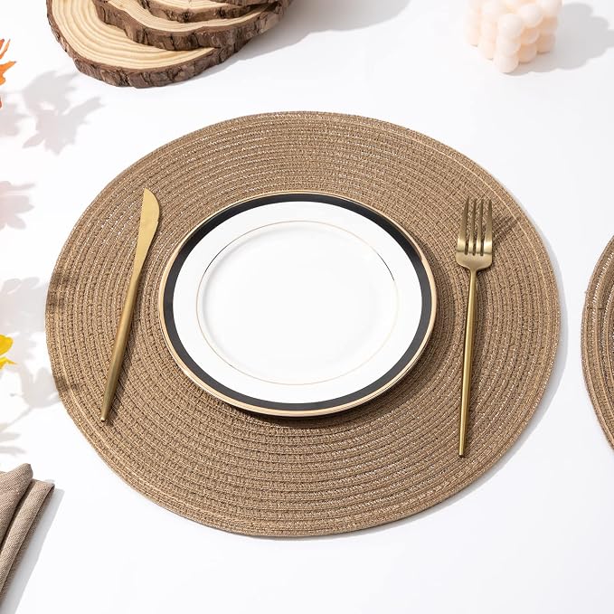 SHACOS Round Braided Placemats Set of 8 Washable 15 inch Round Table Mats Woven Place Mats for Dining Table (Brown, 8)
