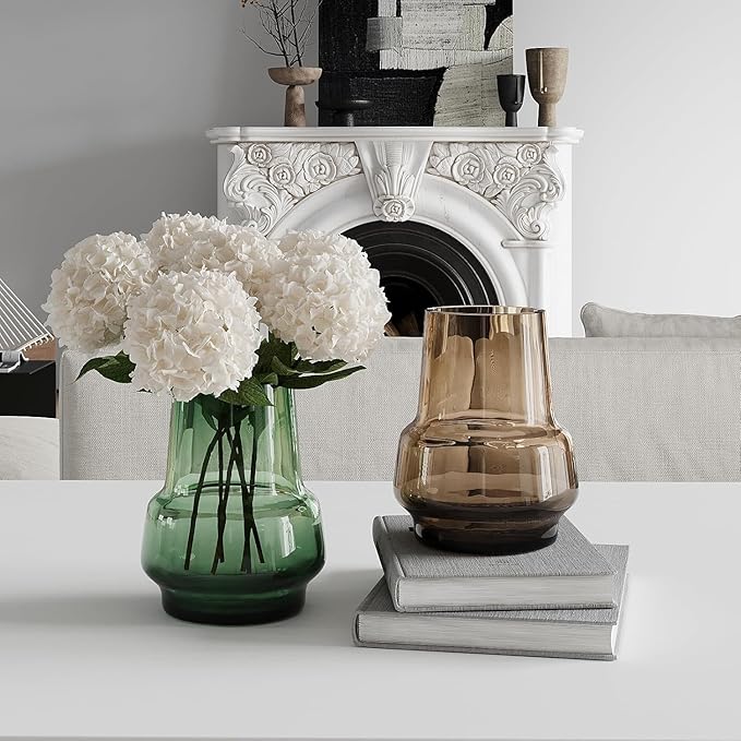 Relexome Green Glass Flower Vase for Centerpieces Bouquet Flowers Modern Wide Mouth Glass Vase Decorative Bud Vases for Home Decor, Living Room, Kitchen, Dining Table, Entryway 7.3 Inch