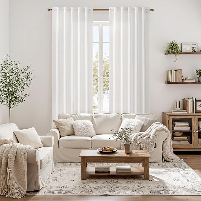 MIULEE Faux Linen Curtains 96 Inch Length 2 Panels Heathered White Semi Sheer Curtain with Back Tab Rod Pocket, Light Filtering Window Privacy Burlap Drapes for Living Room Bedroom 42W x 96L
