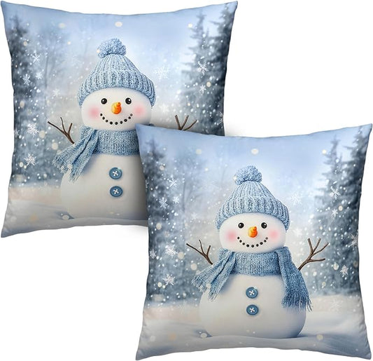 Blue Snowman Throw Pillow Covers Winter Pillow Covers 20x20 Snowflakes Pillow Case Double Sided Printing Cushion Case for Home Decor Couch Sofa Set of 2