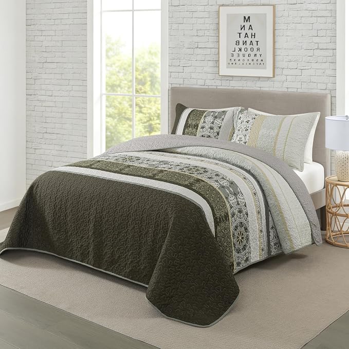 Travan 3-Piece Quilt Set Floral Printed Oversized Quilted Bedding Set Quilted Bedspread Reversible Quilted Bedding Set Garden Style with Shams for All Season, Exquisite, Queen Size