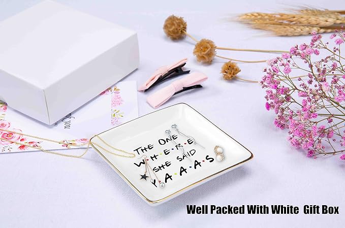 Engagement Gifts for Her-Bride to Be-Newly Engaged Gif-Bridal Shower Present- Bachelorette Party Present-The One Where She Said Yaaas-Ceramic Jewelry Holder Ring Dish Trinket Tray- Friends TV Show