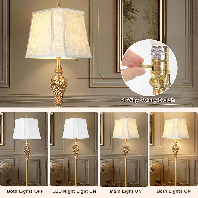 Vintage Farmhouse Floor Lamp with Nightlight, Antique Gold, 65" Tall