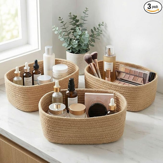 Beautiful Storage Basket Set of 3 - Sturdy Jute Rope Baskets for Shelves | Perfect for Organizing Your Home - Quality Storage Bins Easily Fit with Any Nursery or Bedroom Decor