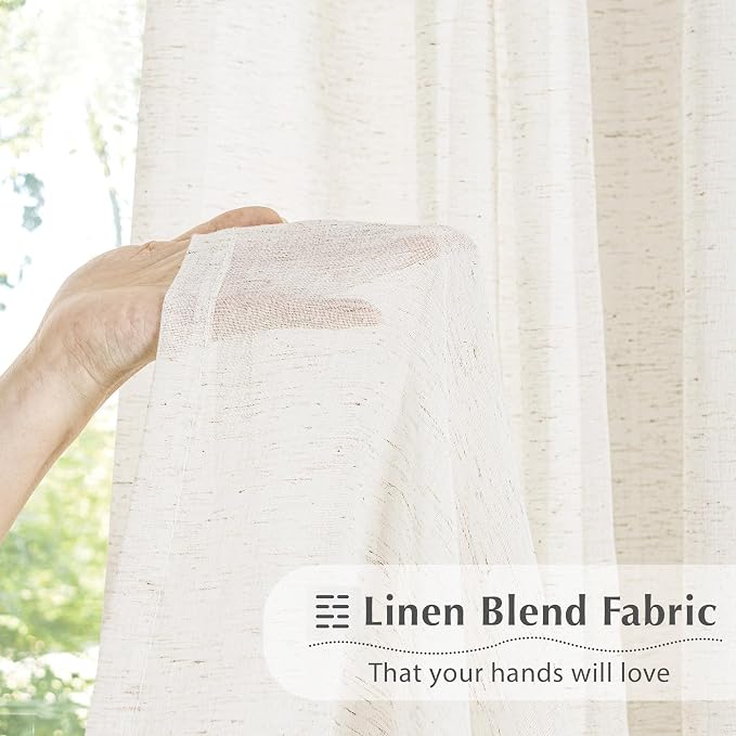 FMFUNCTEX Beige Linen Pinch Pleated Sheer Curtains, 96 Inches, 2 Panels | Natural Semi Sheer Drapes, Flax Linen, Rod Pocket, Light Filtering, Farmhouse French, Kitchen, Privacy, for Living Room