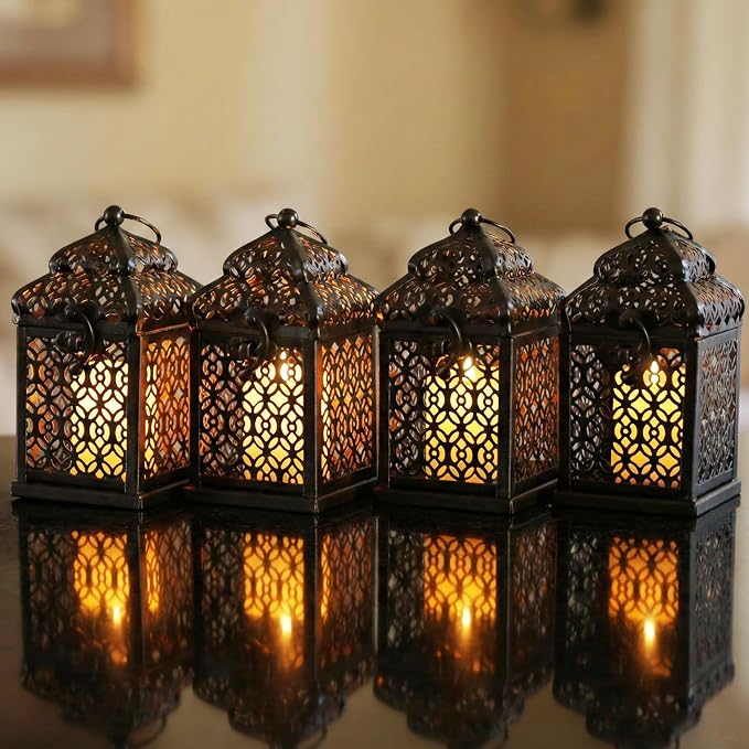 VELA LANTERNS Mini Tower Temple Moroccan Lantern Lamp Decorative Candle Holders for Ramadan Decorations, Hanging, Outdoor Patio or Porch, Indoor Home Decor, Black, Set of 4