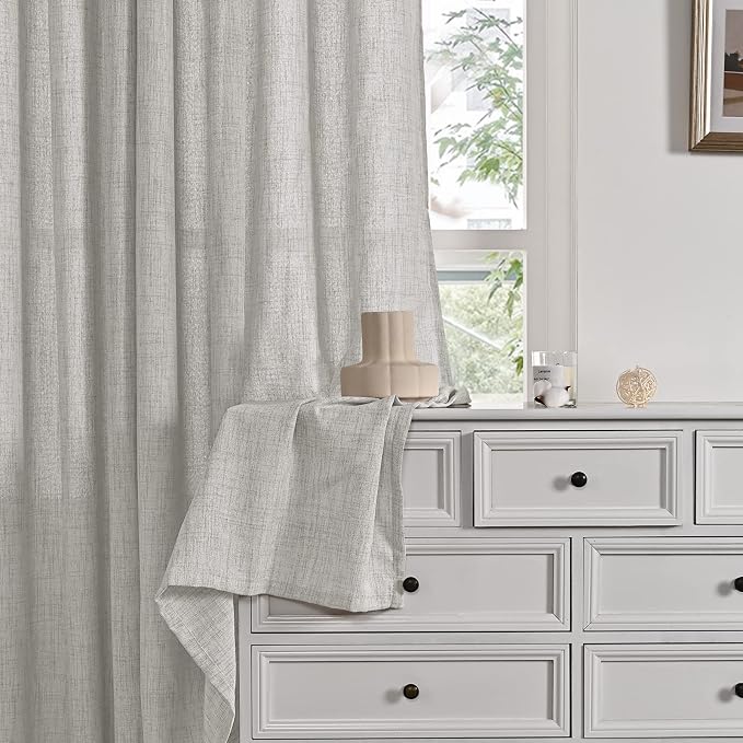Light Grey Linen Semi Sheer Curtains 52x63 Inch Length for Living Room | Textured Window Drapes with Rod Pocket Back Tab Light Filtering for Office Bedroom, 2 Panels Set