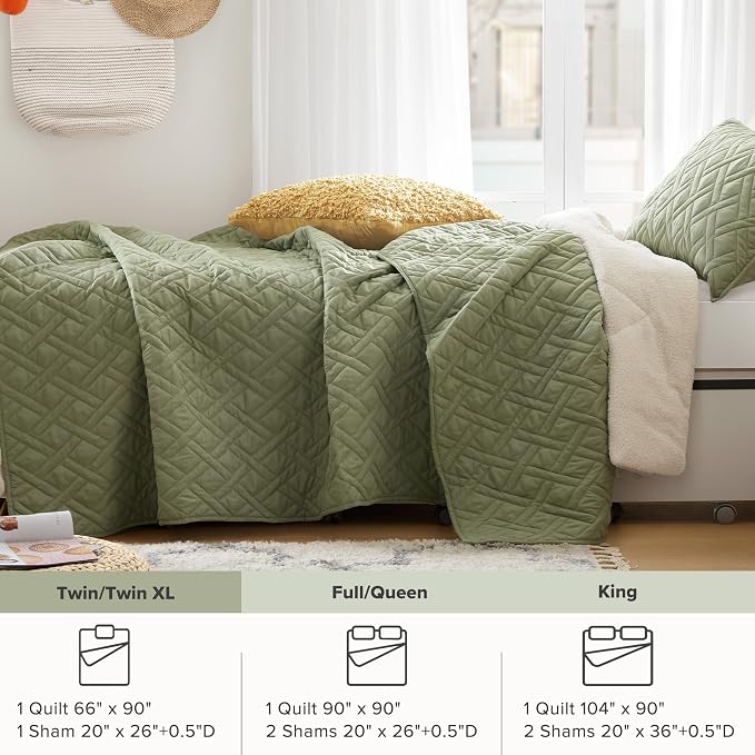 Comfort Spaces Kienna Twin Quilt Bedding Set 2P Olive Green Diamond 66"x90" | Soft Cozy Lightweight Summer Twin XL Coverlet for College Dorm, Quilted Extra Layer, Modern Casual Bedroom Decor, OEKO-TEX