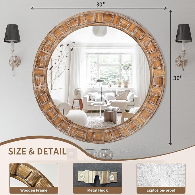 30 Inch Brown Solid Wood Round Wall Mirrors | Decorative Circle Mirror for Bathroom, Bedroom, Living Room, Hallway, Foyer, Entryway