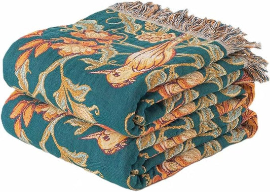 Phuryllic Boho Throw Blanket Twin Size, Soft Cozy Cotton Muslin Quilt Blanket for Bed Decor, Floral Patterned Couch Sofa Chair Cover, Vintage Farmhouse Cottage Tapestry Woven Blanket, Green&Orange