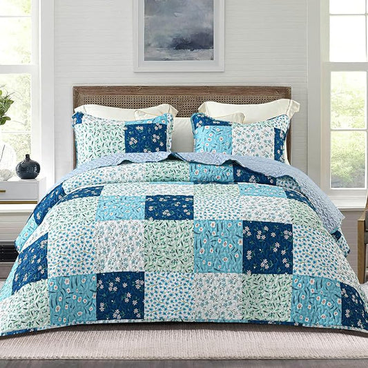 Whale Flotilla Patchwork Quilts Queen Size, Extra Soft Floral Bedspreads | Blue Reversible Lightweight Full Queen Quilt Bedding Set for Bed, Printed Coverlets with 2 Pillow Shams for All Seasons