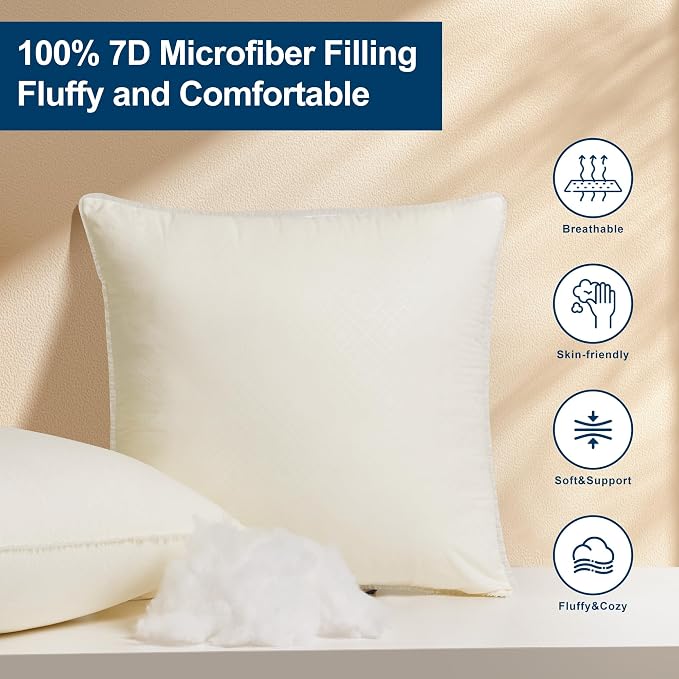 18 x 18 Throw Pillow Inserts | Soft and Plush, Virgin Fiber Filling, Decorative Pillows for Couch Sofa Bed, Machine Washable - White, Pack of 2