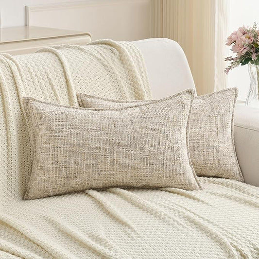 FUTEI Pack of 2 Chenille Tweed Vintage Throw Pillow Covers 12x20 Inch Soft Decorative Lumbar Pillowcase Modern Farmhouse Accent for Couch Bed Living Room, Beige