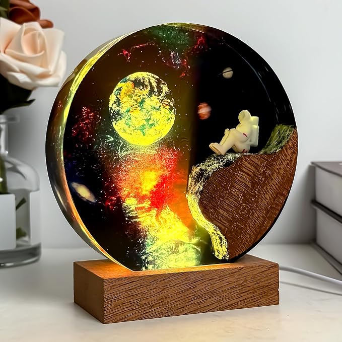 Handmade Galaxy Resin Lamp with Wooden Base