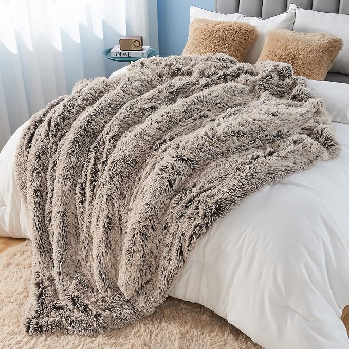 GONAAP Fuzzy Faux Fur Throw Blanket for Couch, Frosty Brown, 50"x60" | Warm Cozy Plush Shaggy Decorative Reversible Thick Non-Heated Fleece Blanket for Sofa Bed, Gift for Women Men, All Season Use