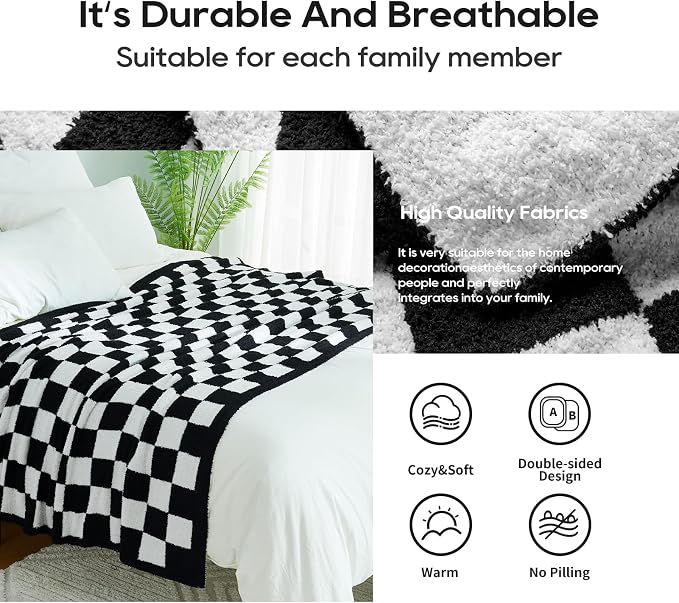 Checkered Throw Blanket for Couch, Soft Cozy Warm Knitted Blankets | Lightweight Fuzzy Travel Warm Decor for Women, Mom, Girls, Sofa, Chair, 50x70in, Black