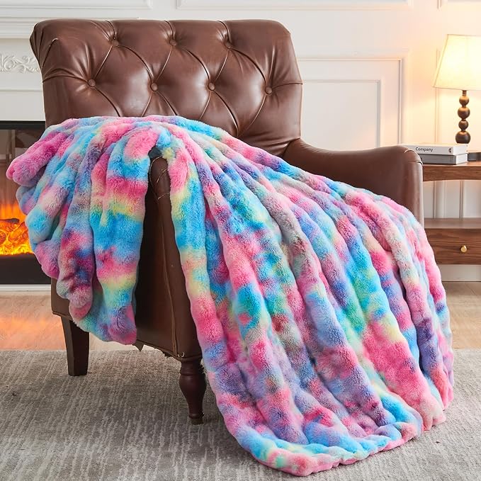 NEWCOSPLAY Faux Fur Bubble Throw Blanket for Couch, Dark Rainbow, 50"x60" | Fluffy Soft Thick Warm Bubble Blanket for Couch Sofa Bed 700GSM, Plush Cozy Luxury Decorative Throw, Gift for Women Men