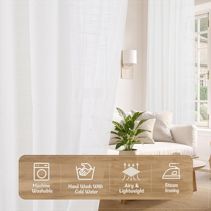 White Linen Sheer Curtains 96 Inches Long 2 Panels Set, 52 x 96 Inch | Light Filtering, Floor to Ceiling, Curtains for Living Room, Bedroom, Sliding Glass Door, Long, Back Tab Rod Pocket Panels