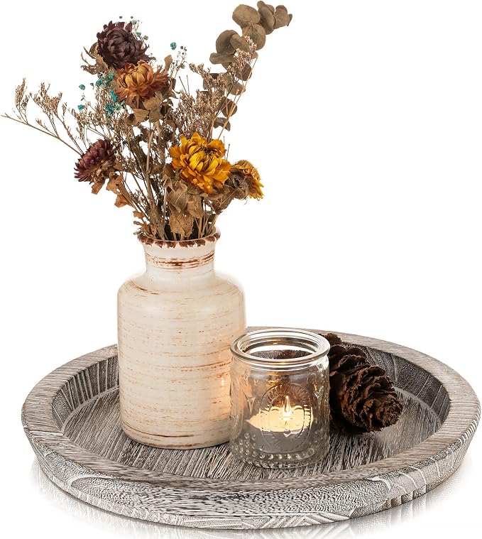 Romadedi Farmhouse Wooden Candle Tray, 11 Inch Round, Whitewashed